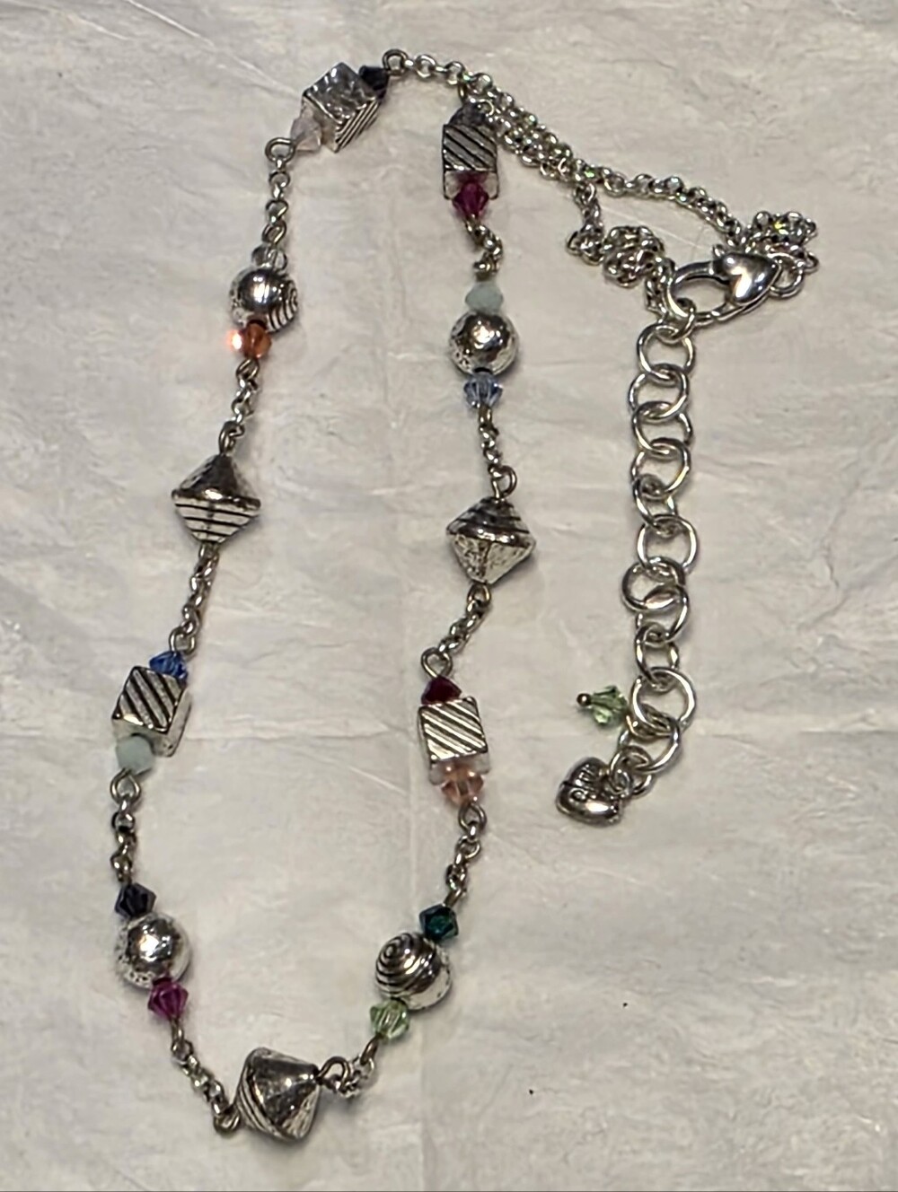 Brighton Silver Tone Multicolor Crystal Geometric Beaded Heart Charm Necklace